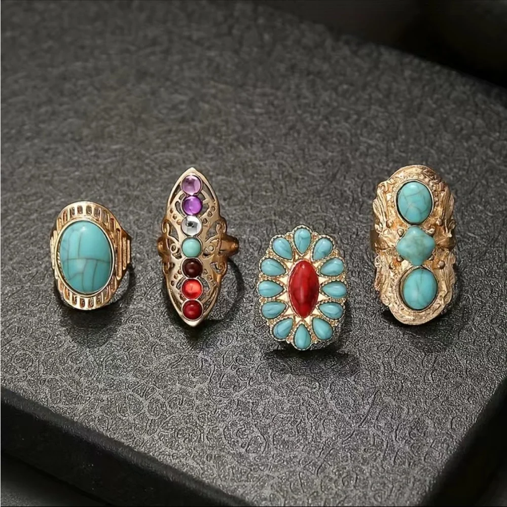 Boho Style Gold and Turquoise Stackable Ring Set